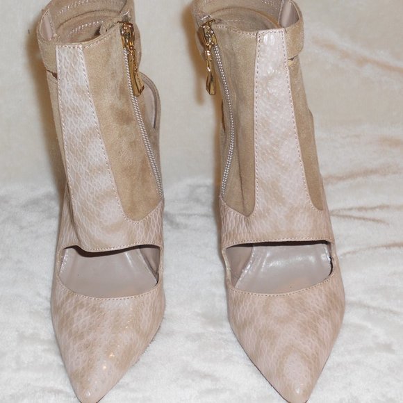 Bebe 6 Pink/Tan Faux Snakeskin Stiletto Heels Side Zip Faux Suede Detail - Picture 2 of 9